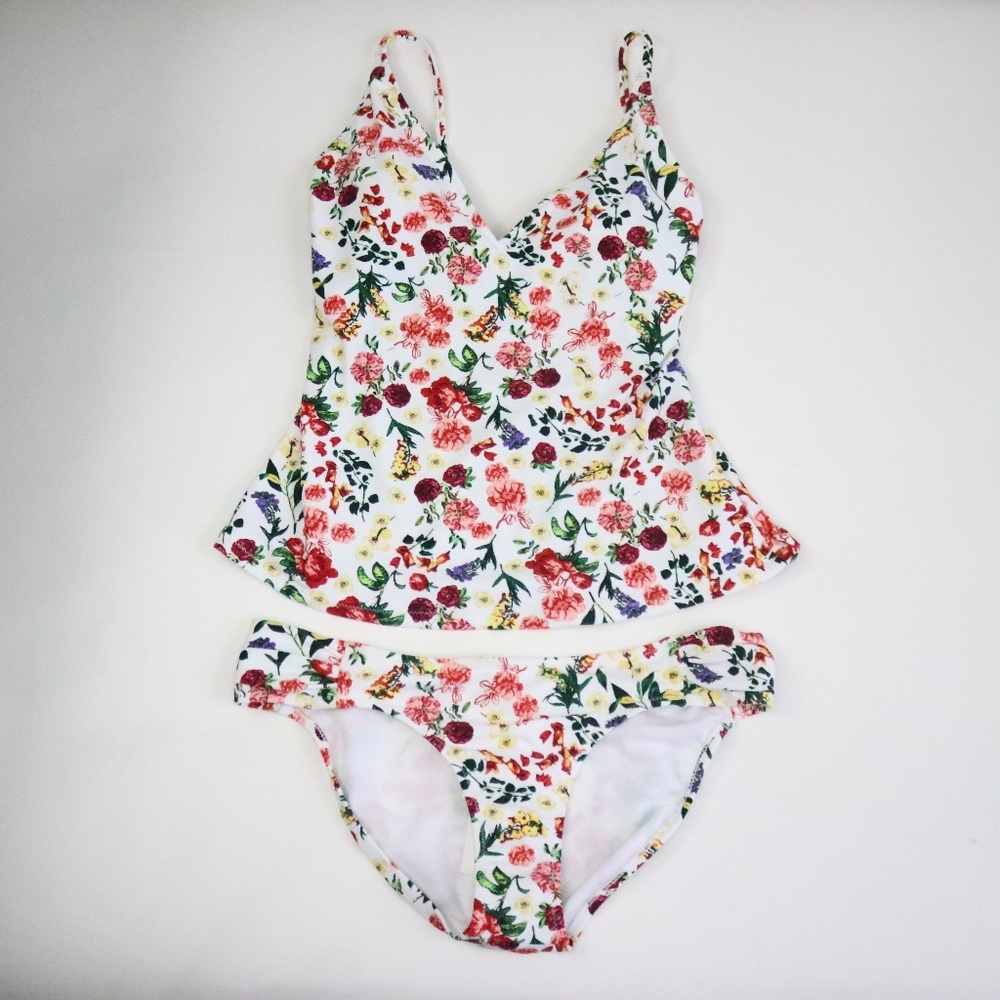 Jessica Simpson Whit Multi Floral Tankini -S -M023